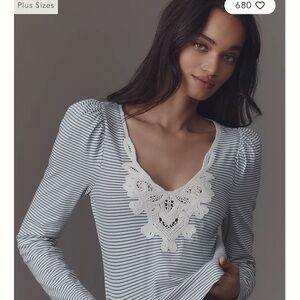 Maeve Blue and White Puff Sleeve Fitted Blouse